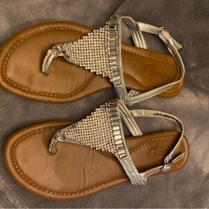 Madeline Silver and Brown Sandals with Woven Upper and Metallic Straps